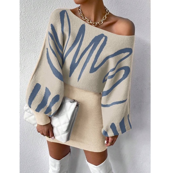 Dirty Beige Knit Long Batwing Sleeve Dress Abstract Print - Picture 2 of 7